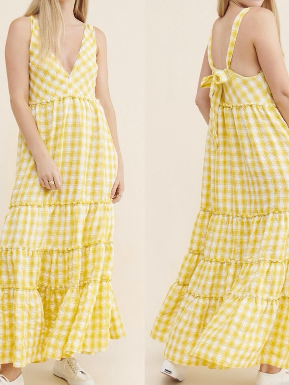 Free People Beach Club Open Back Tie Maxi Dress Boho Yellow Gingham Cottagecore